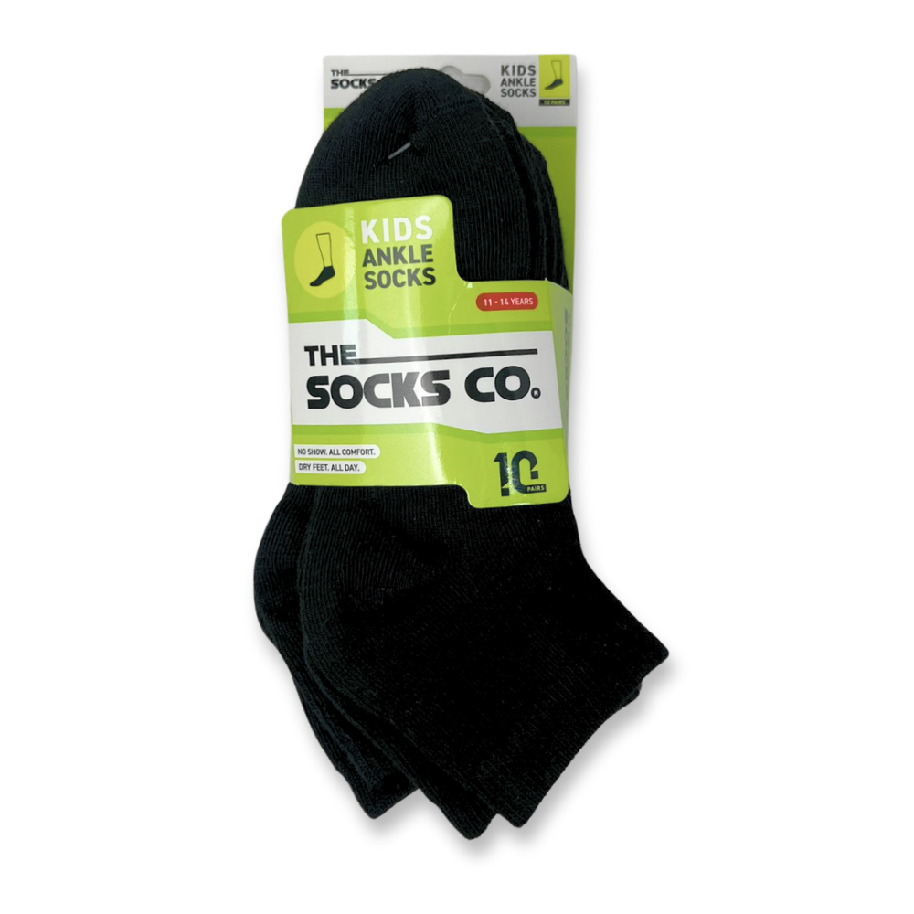 The Socks Co. Kids Ankle Socks 10 Pairs, Black